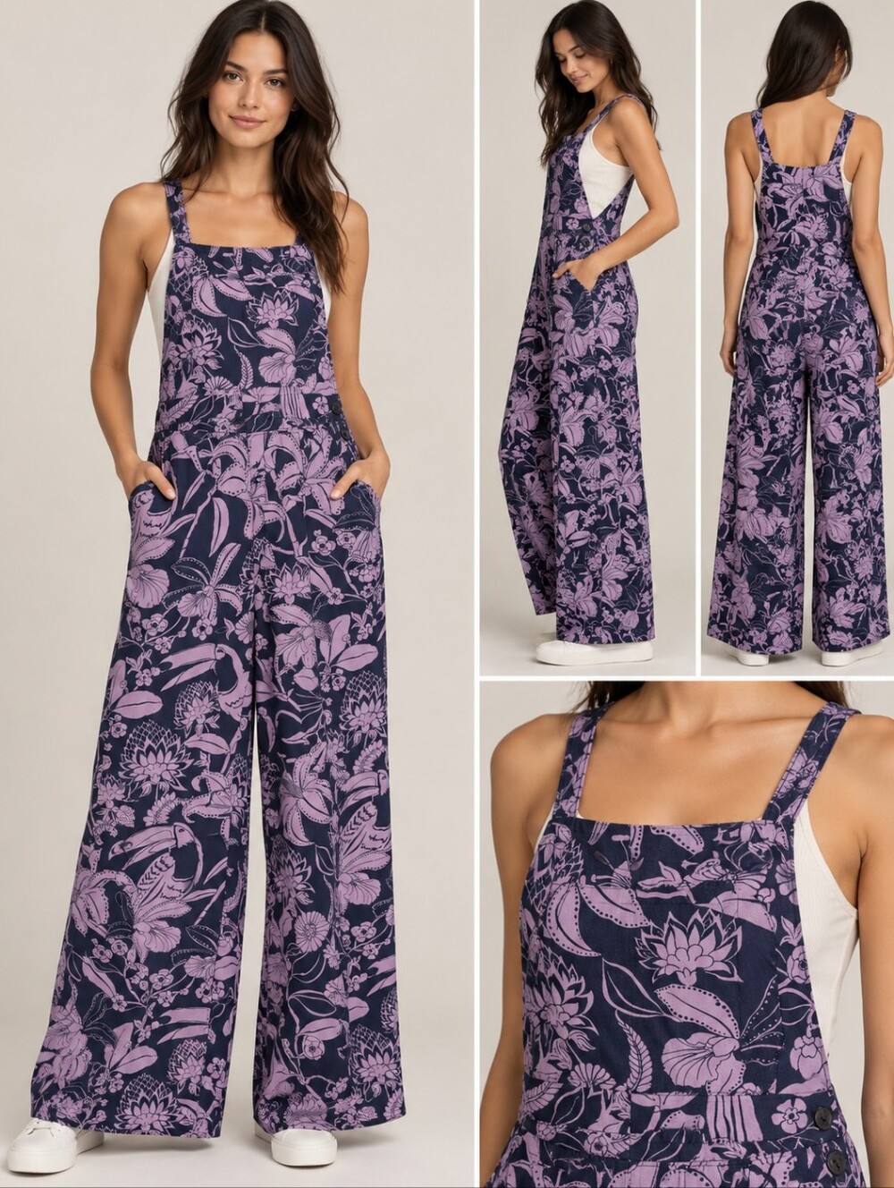 NWOT Farm Rio Purple Floral Tropical Wide Leg Overalls Jumpsuit Size Small
